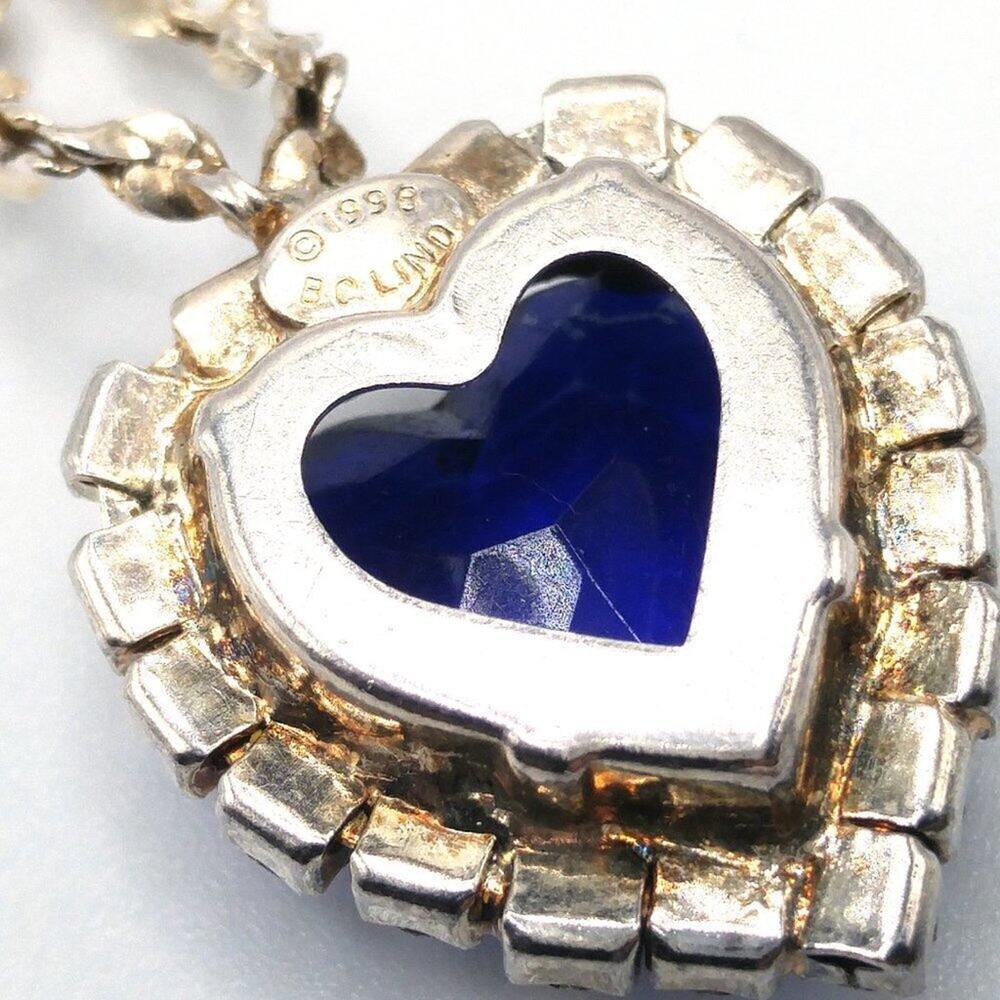 Vintage Blue Heart Pendant Necklace, Signed BC Lind 1998, Clear Rhinestones, 17" - Picture 8 of 11